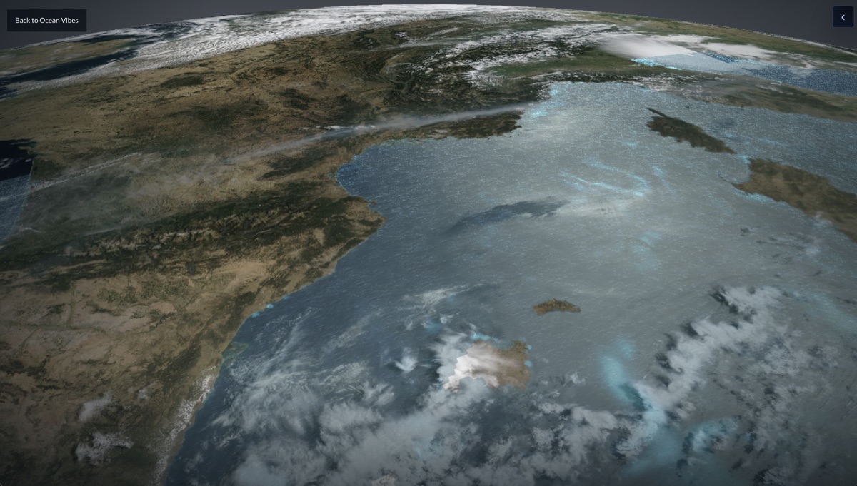 OceanVibes 3D Earth and Ocean Surface: the Mediterranean, coastlines and clouds above a directional ocean surface