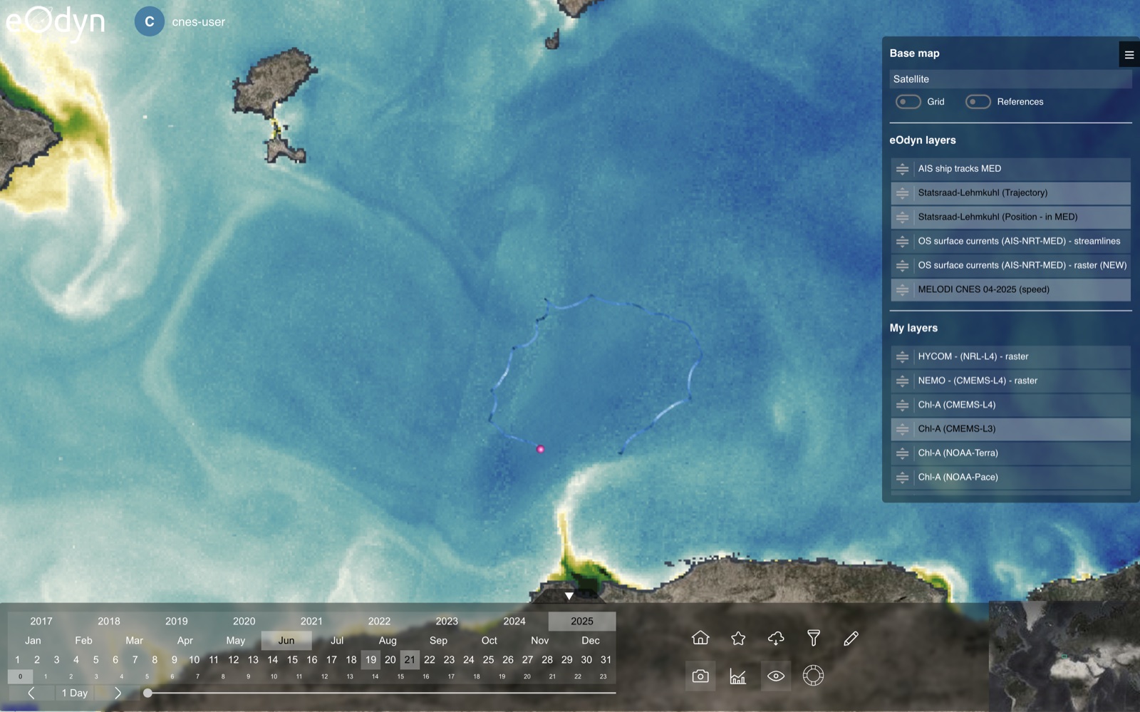 A drifter track displayed alongside ocean-current datasets in OceanVibes