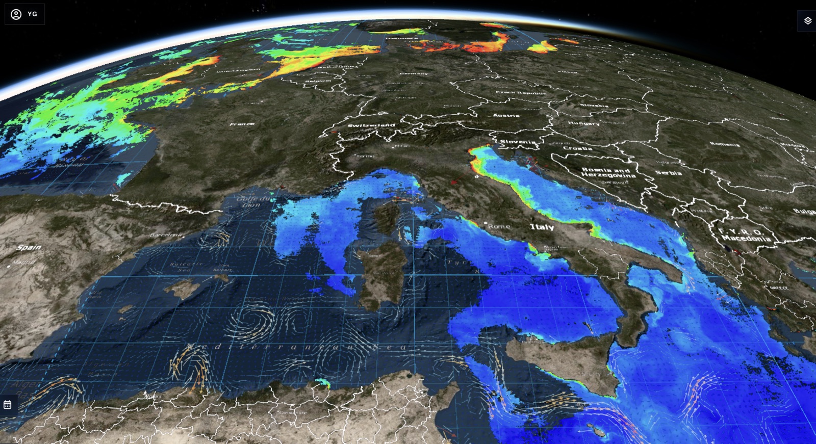 Three-dimensional view of Europe and the Mediterranean with ocean and atmospheric layers