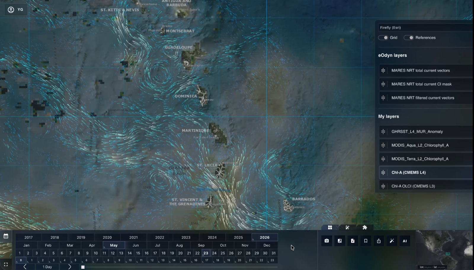 OceanVibes with current layers, a source selector and a timeline